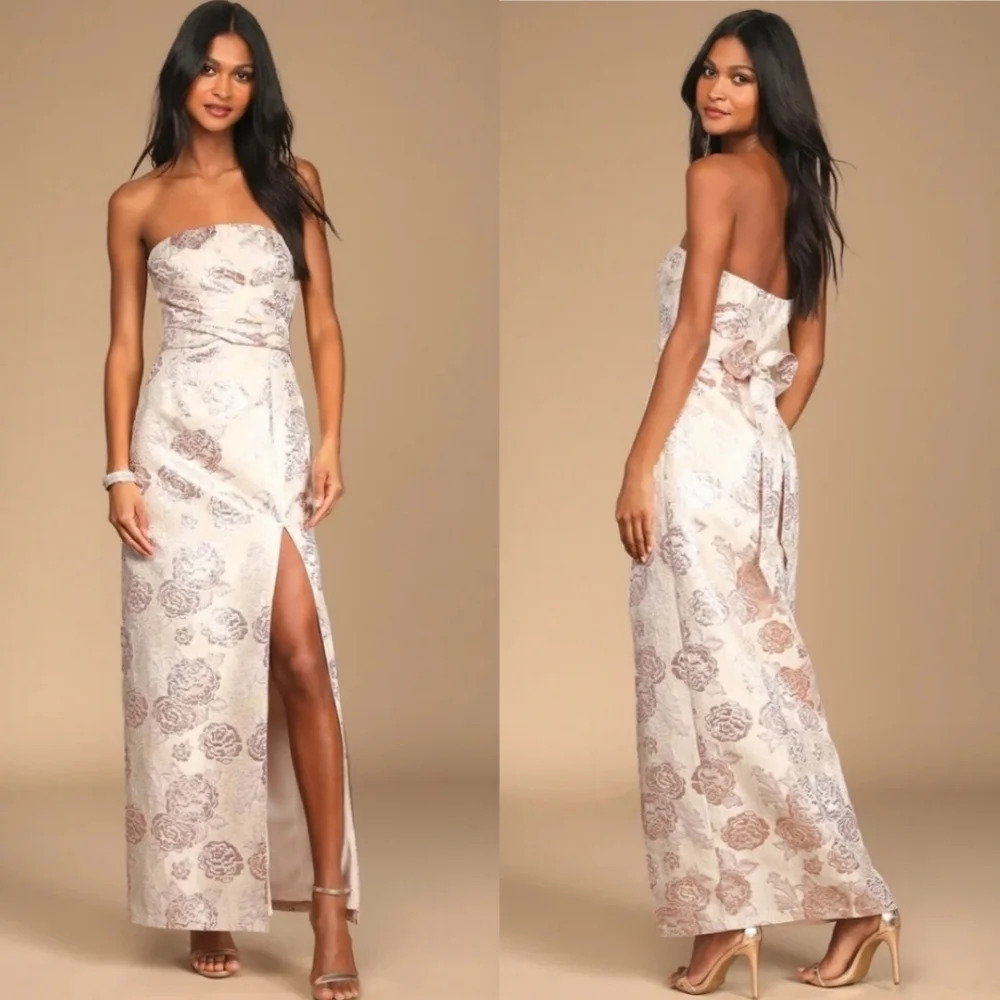 Lulus Redefine Regal Pale Pink Floral Jacquard Strapless Maxi Dress XS Wedding